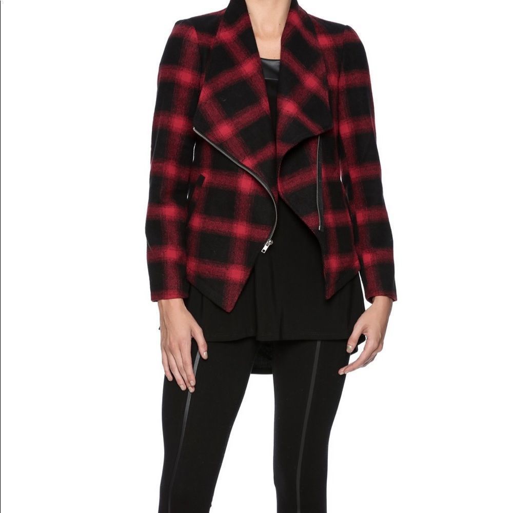 BB Dakota Red Black Plaid Asymmetric Zip Moto Jacket Size Small